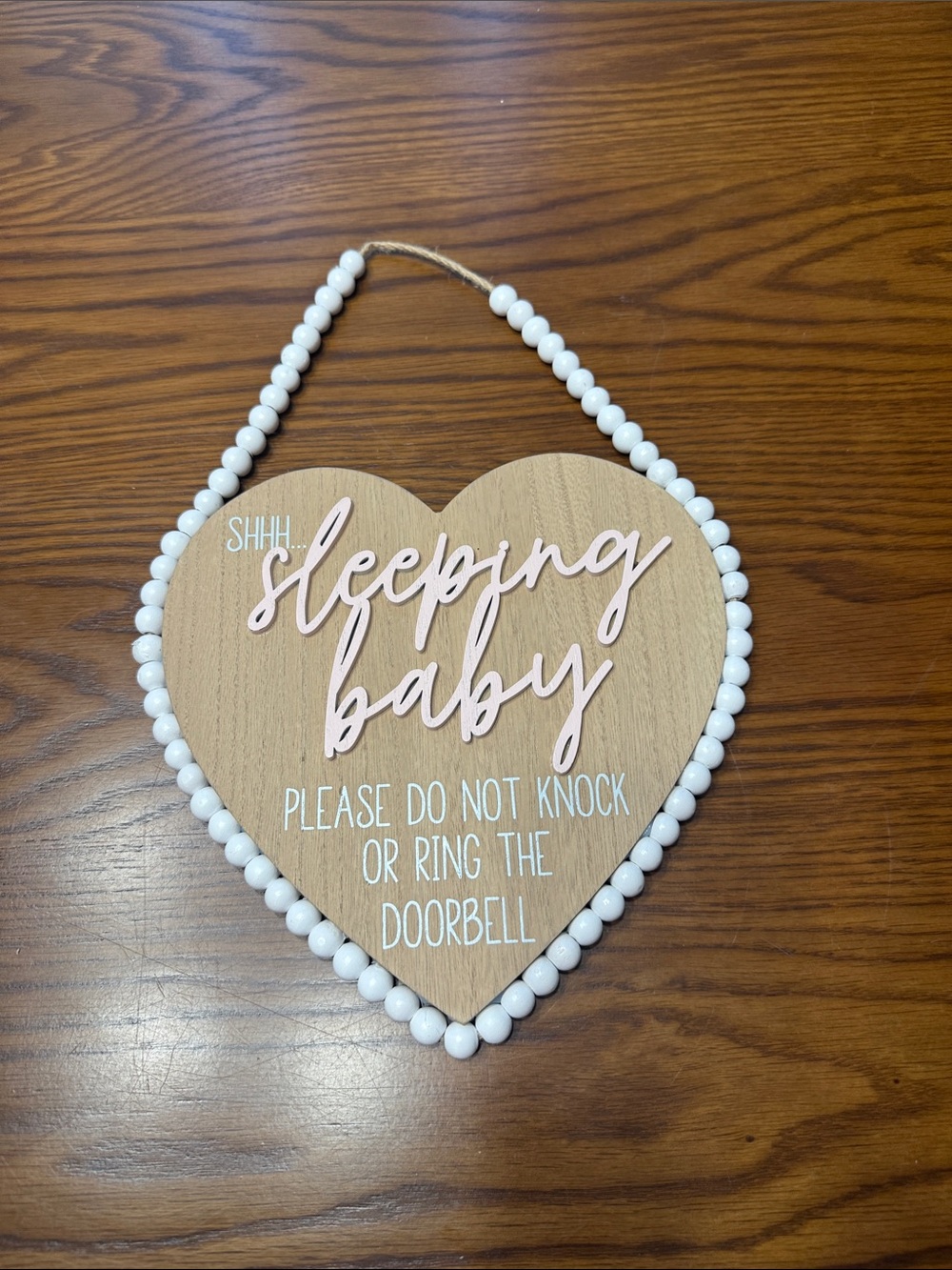Sleeping Baby Heart Door Sign with White Beaded Trim